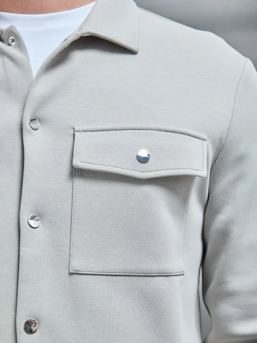 Interlock Jersey Pocket Popper Overshirt - Stone