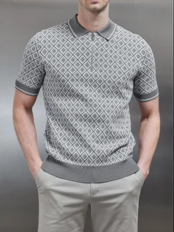 Jacquard Knitted Zip Polo Shirt - Grey