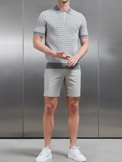 Jacquard Knitted Zip Polo Shirt - Grey