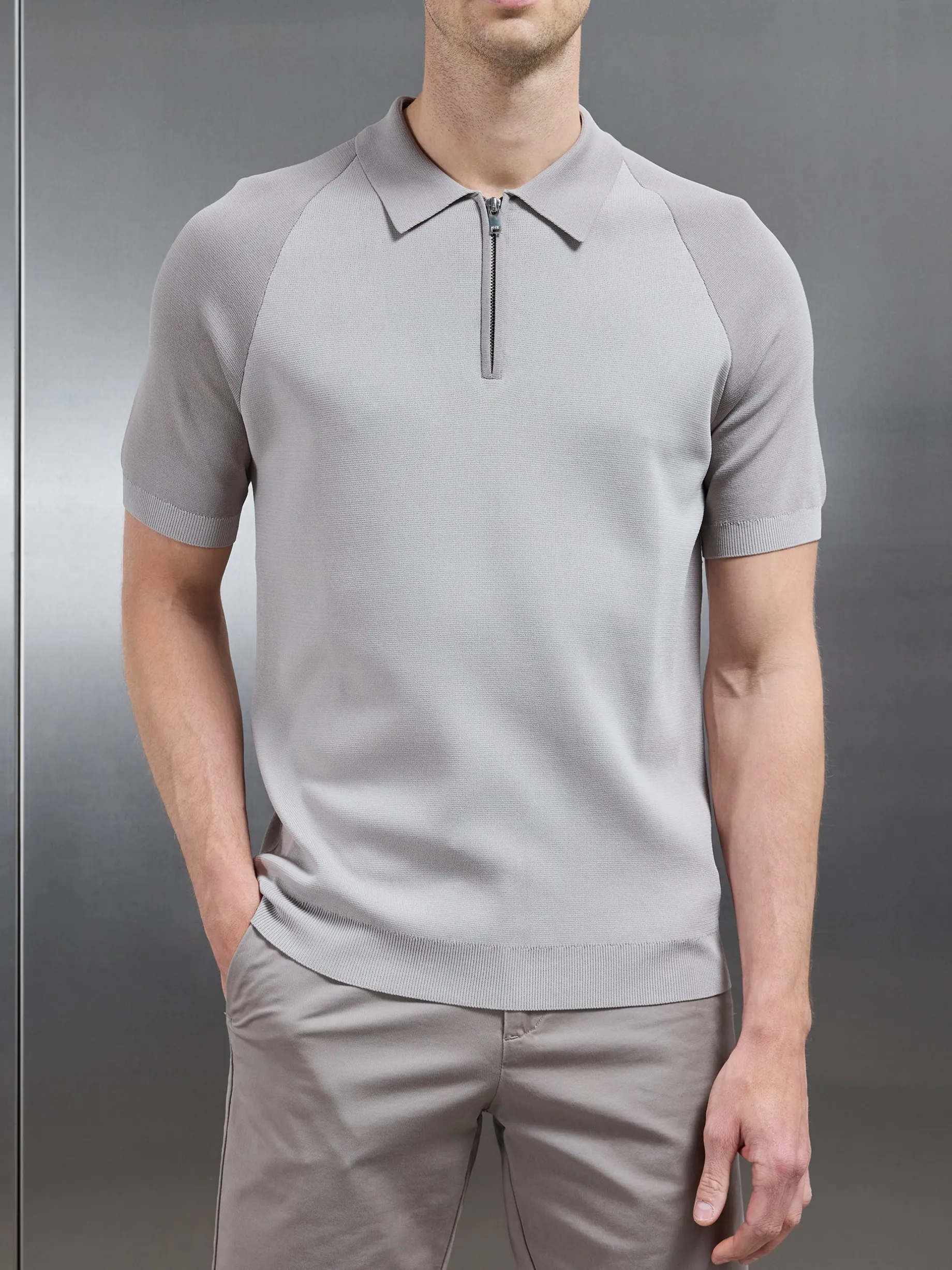 Knitted Raglan Colour Block Zip Polo - Stone