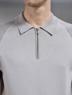 Knitted Raglan Colour Block Zip Polo - Stone
