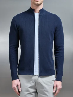 Knitted Ribbed Funnel Neck Zip Through Jacket - Navy