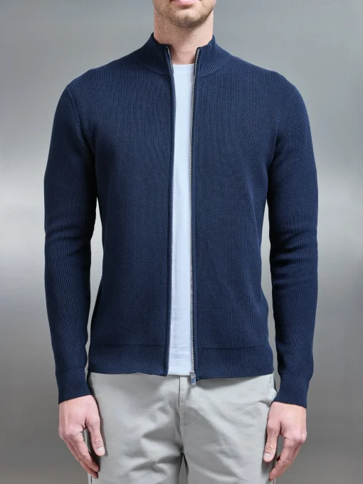 Knitted Ribbed Funnel Neck Zip Through Jacket - Navy