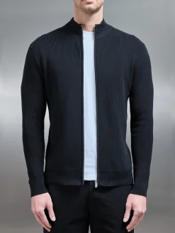 Knitted Ribbed Funnel Neck Zip Through Jacket - Black