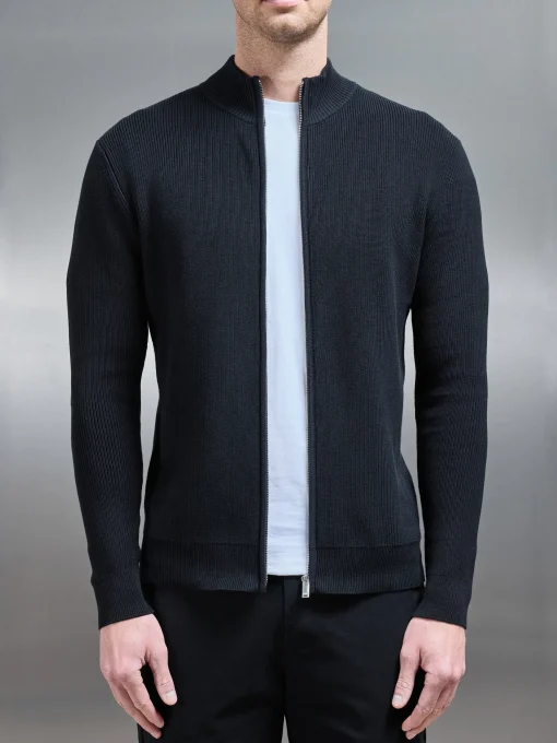 Knitted Ribbed Funnel Neck Zip Through Jacket - Black