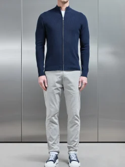 Knitted Ribbed Funnel Neck Zip Through Jacket - Navy