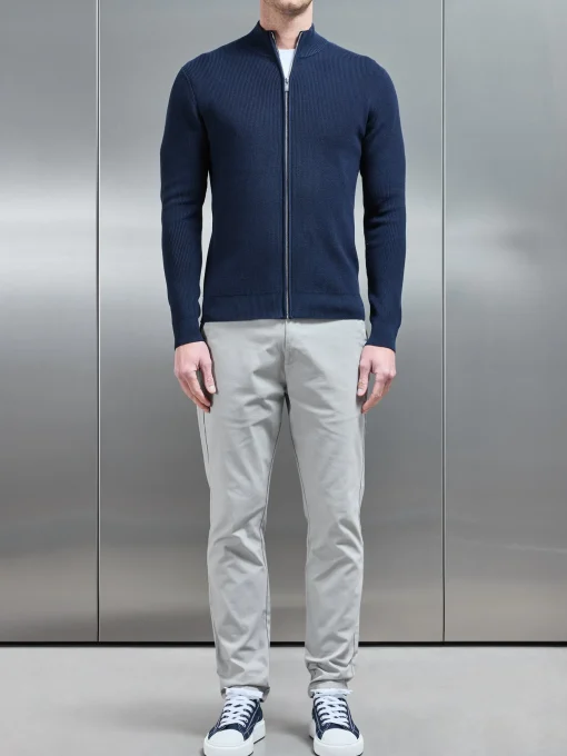 Knitted Ribbed Funnel Neck Zip Through Jacket - Navy