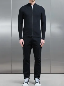 Knitted Ribbed Funnel Neck Zip Through Jacket - Black