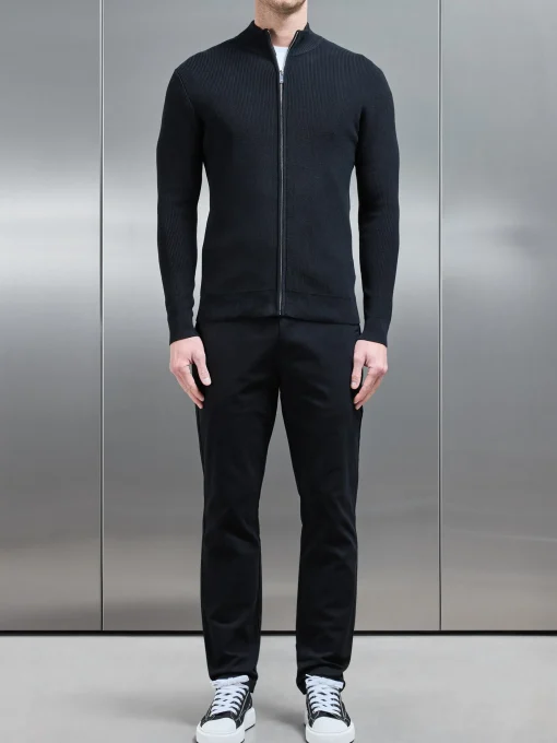 Knitted Ribbed Funnel Neck Zip Through Jacket - Black