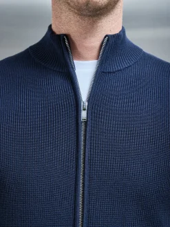 Knitted Ribbed Funnel Neck Zip Through Jacket - Navy
