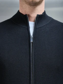 Knitted Ribbed Funnel Neck Zip Through Jacket - Black