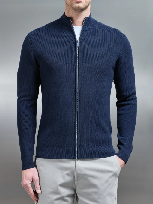 Knitted Ribbed Funnel Neck Zip Through Jacket - Navy