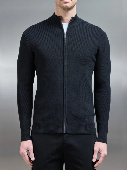 Knitted Ribbed Funnel Neck Zip Through Jacket - Black