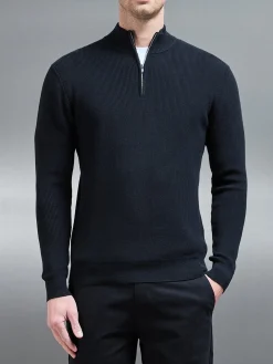 Knitted Ribbed Half Zip Funnel Neck Jumper - Black