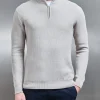 Knitted Ribbed Half Zip Funnel Neck Jumper - Stone