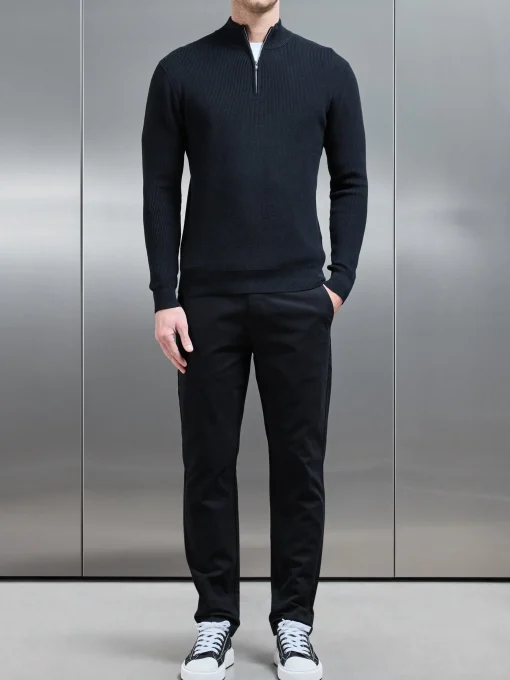 Knitted Ribbed Half Zip Funnel Neck Jumper - Black
