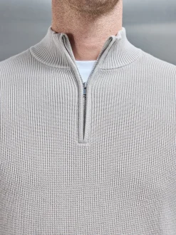 Knitted Ribbed Half Zip Funnel Neck Jumper - Stone
