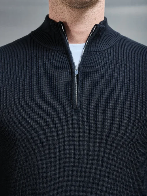 Knitted Ribbed Half Zip Funnel Neck Jumper - Black