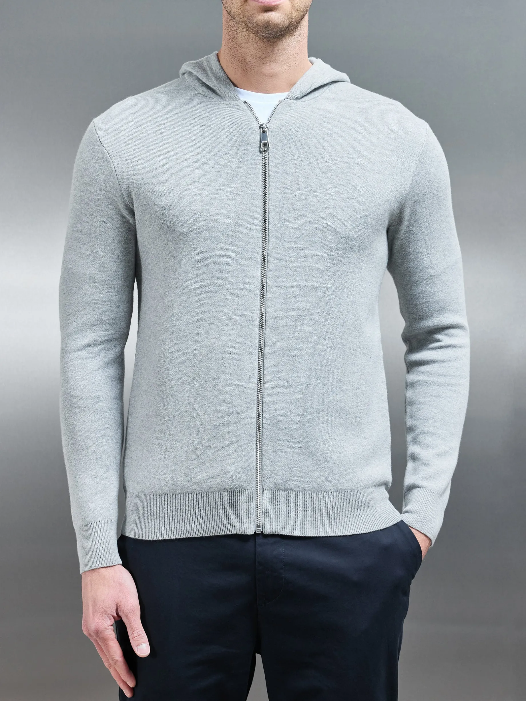 Knitted Zip Through Hoodie - Marl Grey