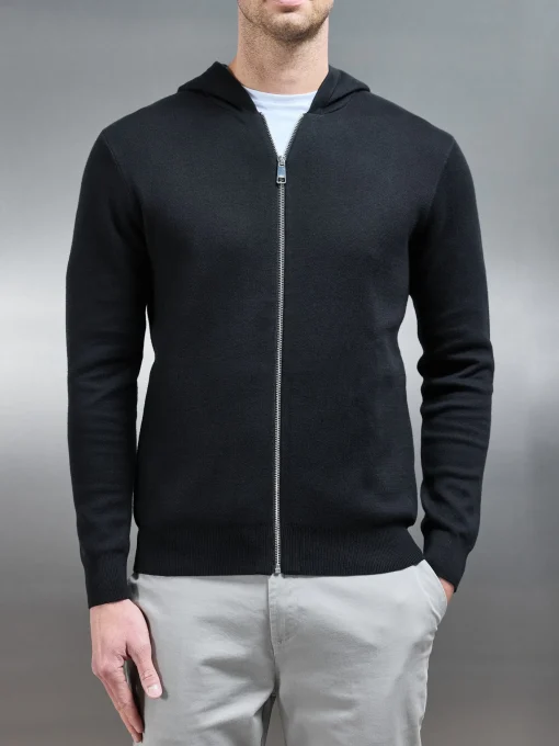 Knitted Zip Through Hoodie - Black