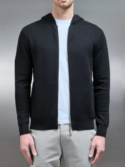 Knitted Zip Through Hoodie - Black