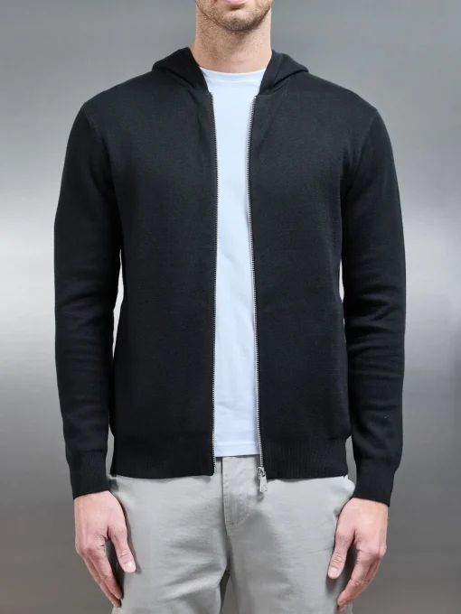 Knitted Zip Through Hoodie - Black
