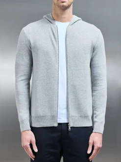 Knitted Zip Through Hoodie - Marl Grey