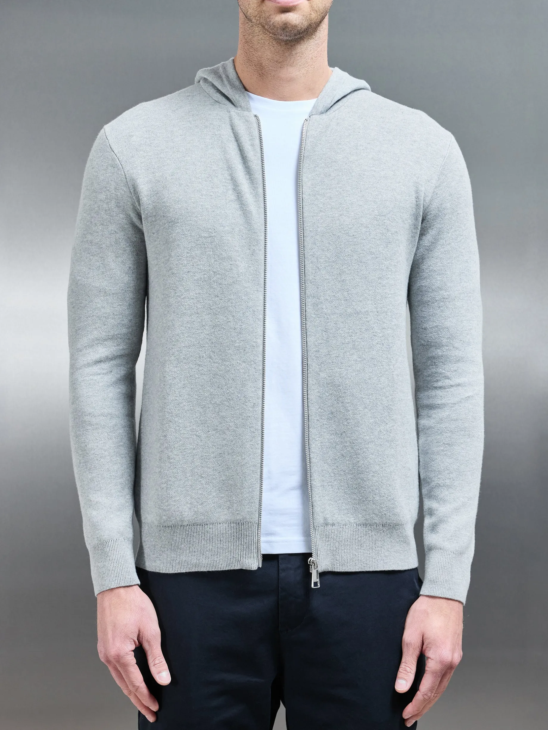 Knitted Zip Through Hoodie - Marl Grey