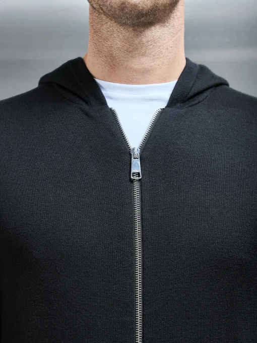 Knitted Zip Through Hoodie - Black