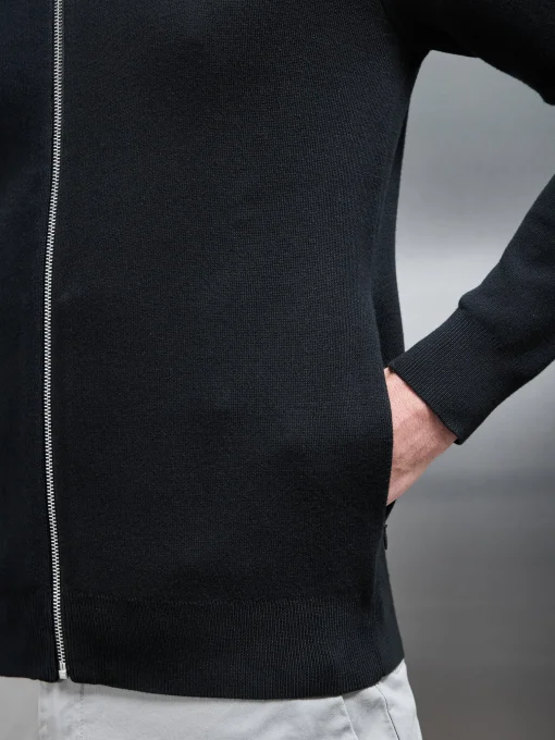 Knitted Zip Through Hoodie - Black