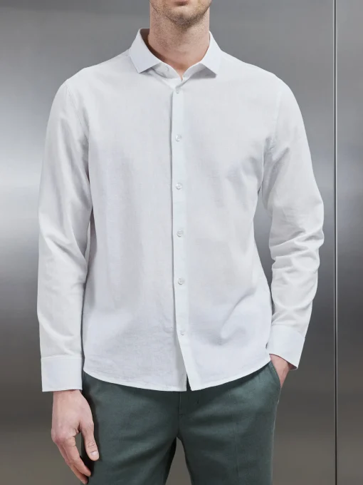 Linen Long Sleeve Cutaway Collar Shirt - White