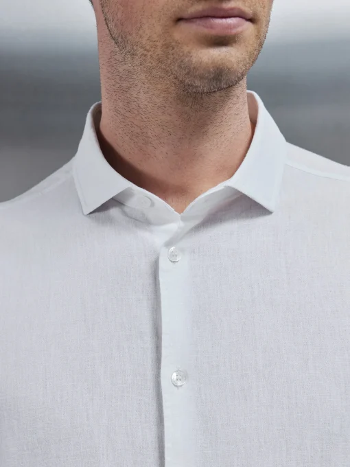 Linen Long Sleeve Cutaway Collar Shirt - White