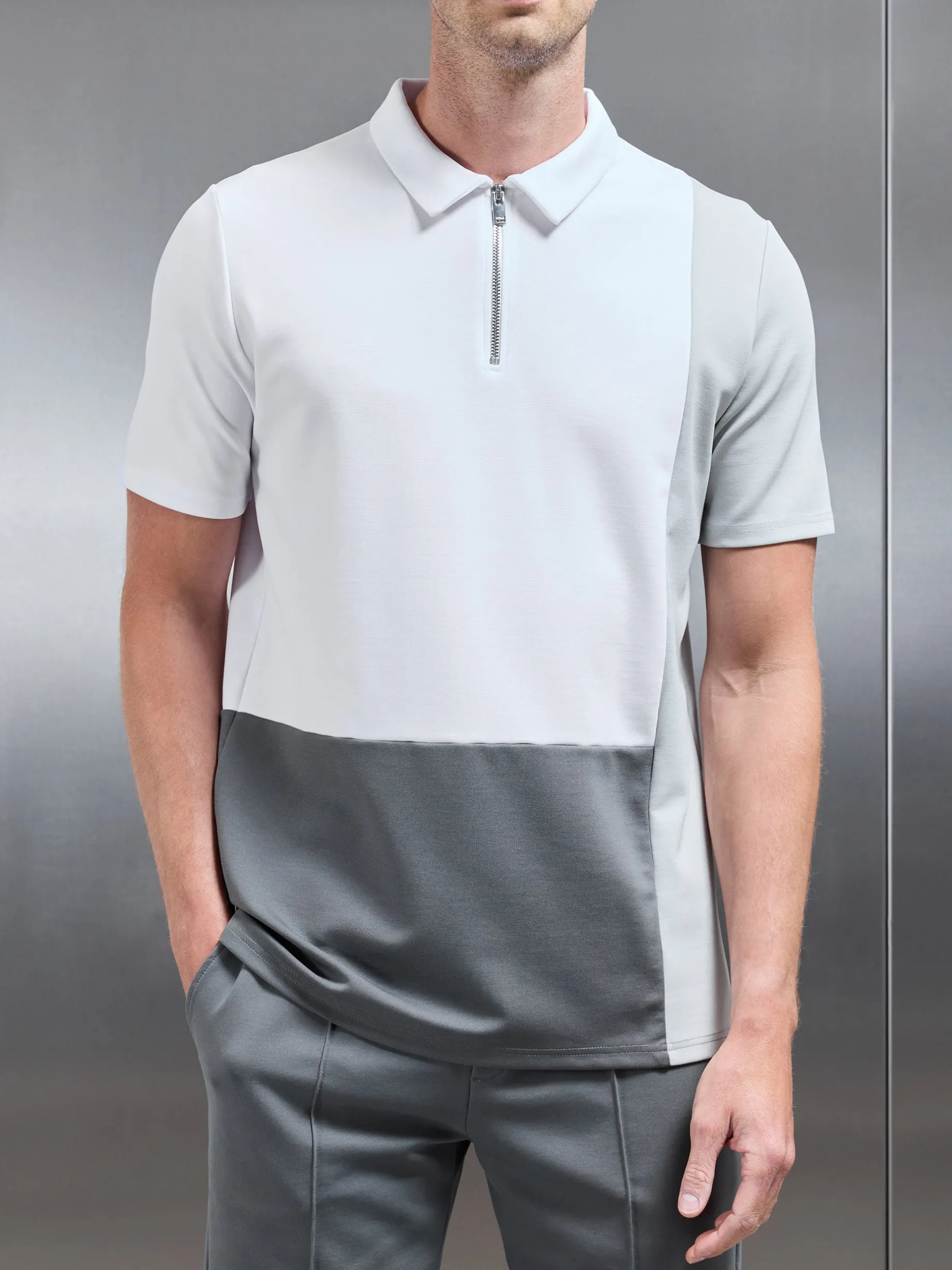 Luxe Colour Block Zip Polo Shirt - White