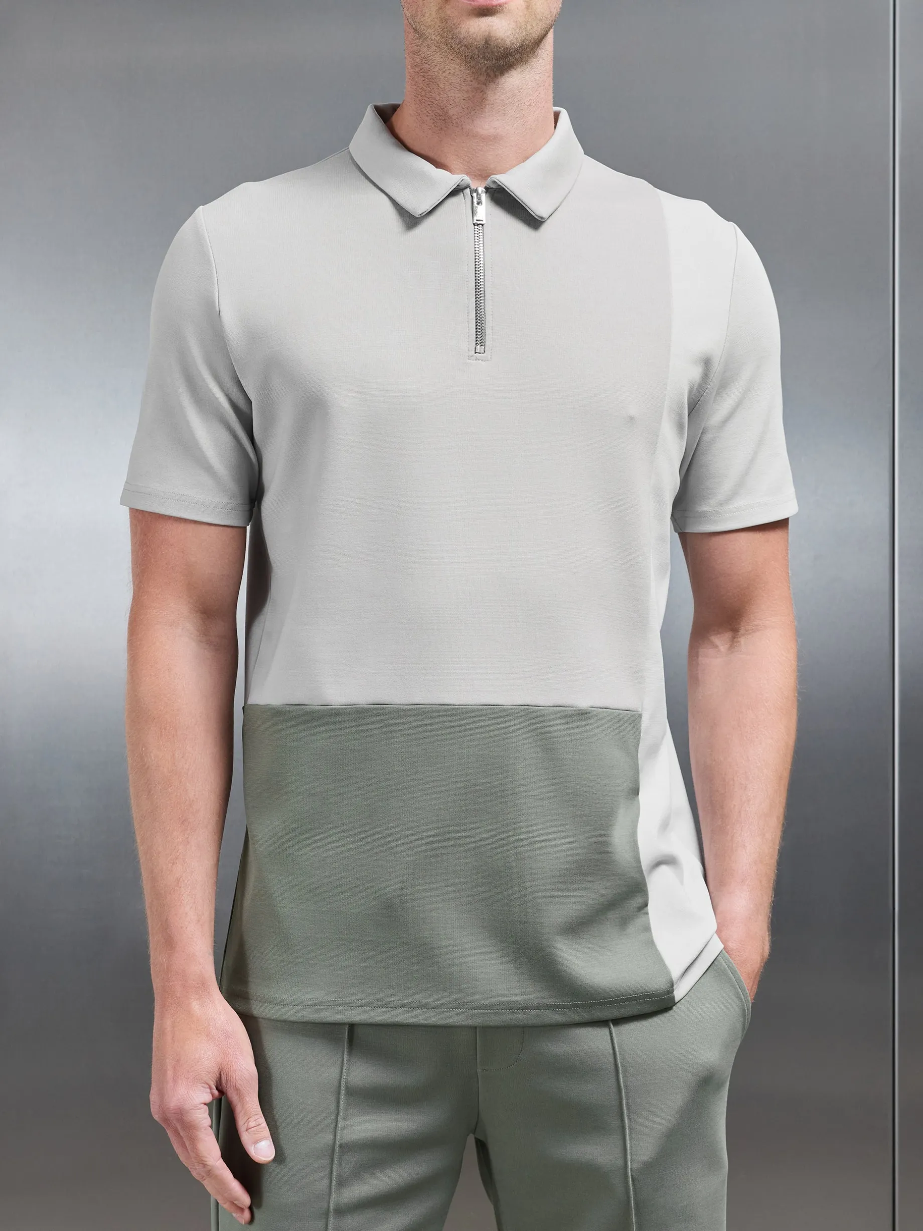 Luxe Colour Block Zip Polo Shirt - Sage