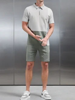 Luxe Colour Block Zip Polo Shirt - Sage