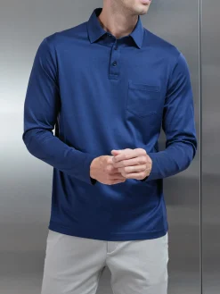 Mercerised Cotton Long Sleeve Polo Shirt - Navy