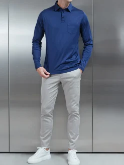Mercerised Cotton Long Sleeve Polo Shirt - Navy