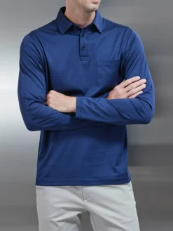 Mercerised Cotton Long Sleeve Polo Shirt - Navy