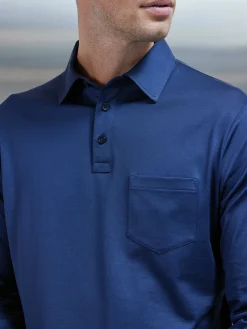 Mercerised Cotton Long Sleeve Polo Shirt - Navy