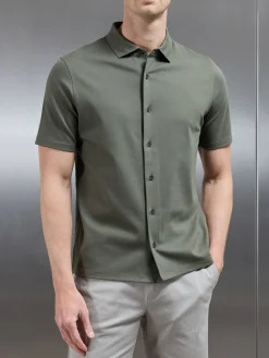 Mercerised Interlock Short Sleeve Button Through Shirt - Sage