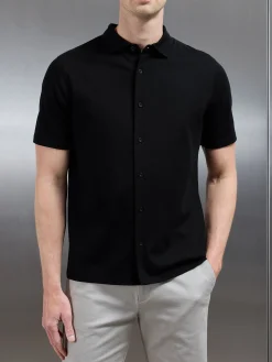 Mercerised Interlock Short Sleeve Button Through Shirt - Black