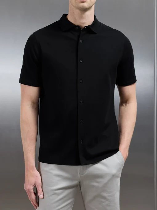 Mercerised Interlock Short Sleeve Button Through Shirt - Black