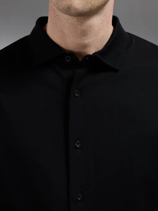 Mercerised Interlock Short Sleeve Button Through Shirt - Black