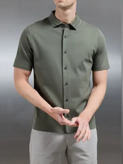 Mercerised Interlock Short Sleeve Button Through Shirt - Sage