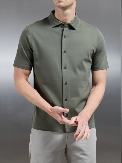 Mercerised Interlock Short Sleeve Button Through Shirt - Sage