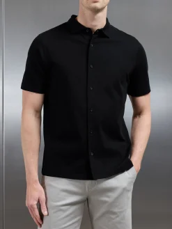 Mercerised Interlock Short Sleeve Button Through Shirt - Black