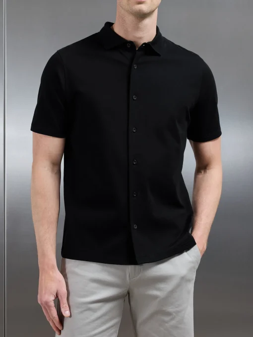 Mercerised Interlock Short Sleeve Button Through Shirt - Black