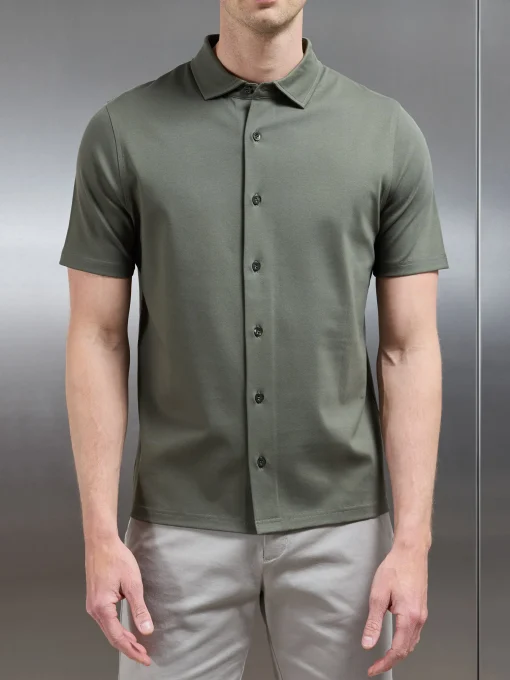 Mercerised Interlock Short Sleeve Button Through Shirt - Sage