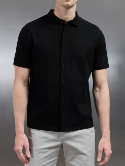 Mercerised Interlock Short Sleeve Button Through Shirt - Black