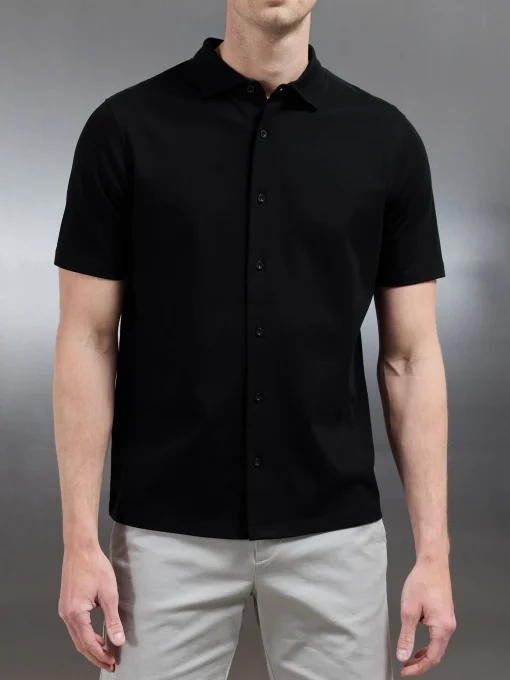 Mercerised Interlock Short Sleeve Button Through Shirt - Black